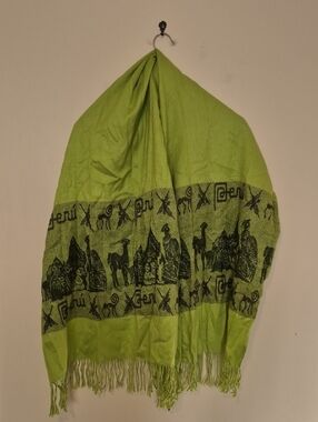 Lime/Avocado Green Peruvian Motif Llama Wool Fringe Shawl